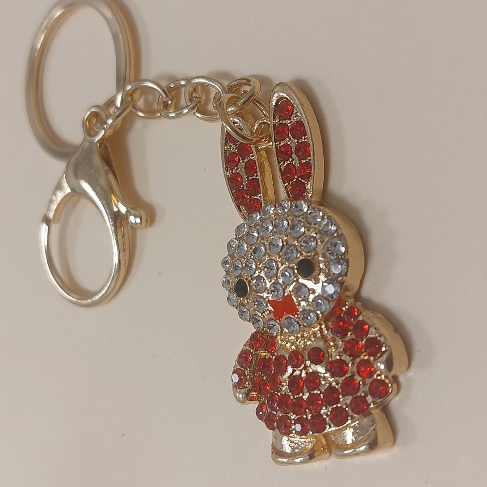 Gold Tone Rhinestone Bunny Rabbit Key Chain Purse Charm - Picture 9 of 16
